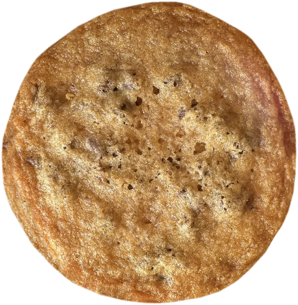 A thin, golden Cookie Wookie chocolate chip cookie